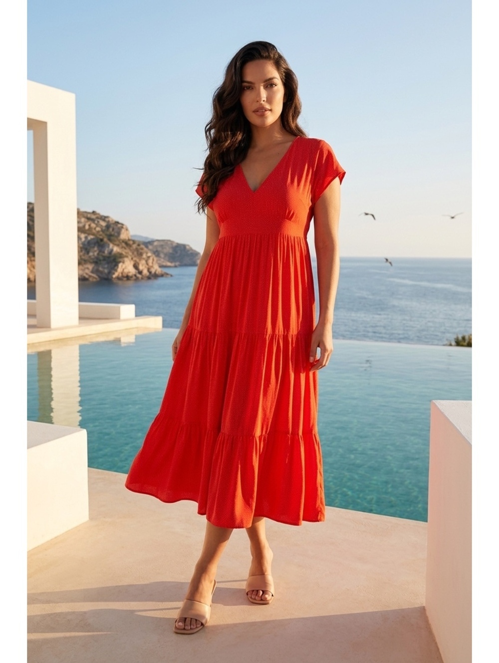 Zara Red Tiered Midi Dress with V-Neck and Cap Sleeves, Size EUR S / USA 8